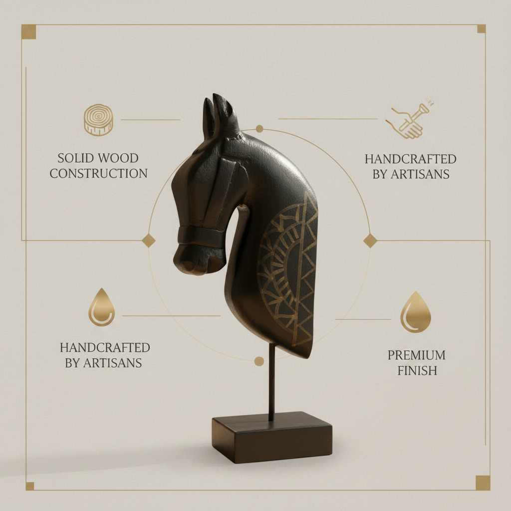 Wooden Horse on Stand | Black | 33x13x6.5cm