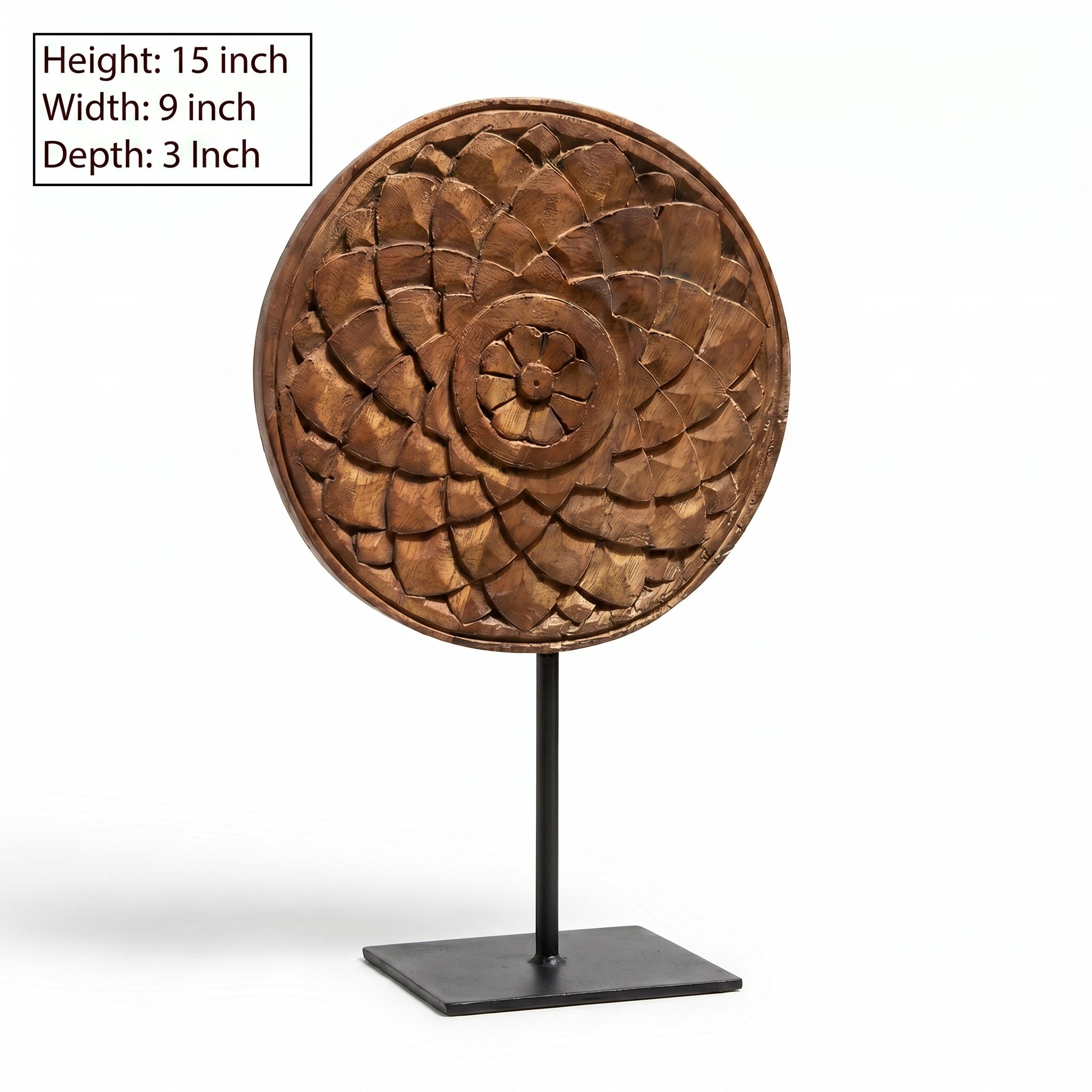 Round Wooden Table Decor | Natural - Iron Stand | 15x9x3 Inch