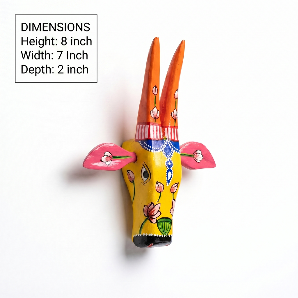 Handpainted Wooden Nandi/Cow Wall Decor | Yellow | 8x7x2 Inches