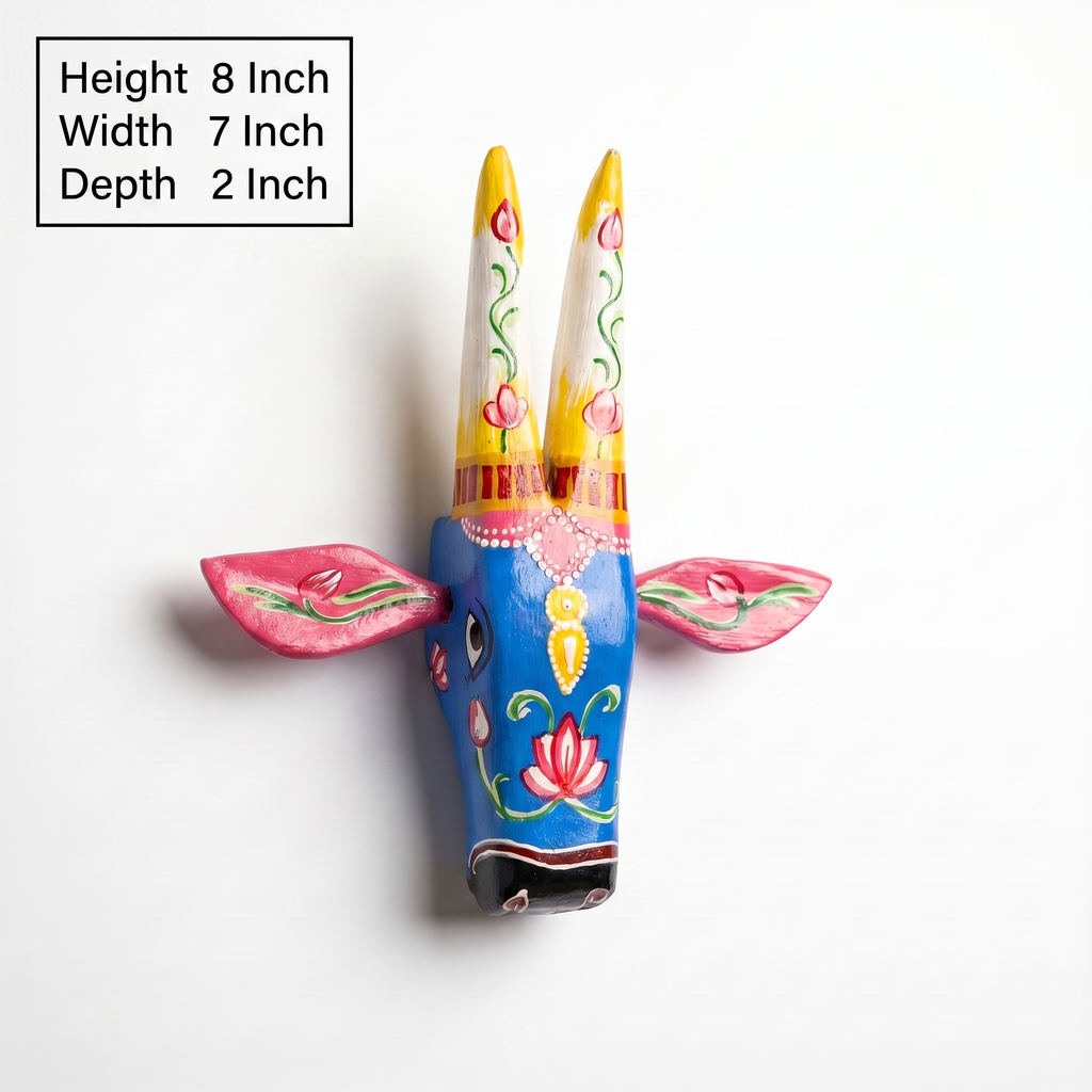 Handpainted Wooden Nandi/Cow Wall Decor | Blue | 8x7x2 Inches