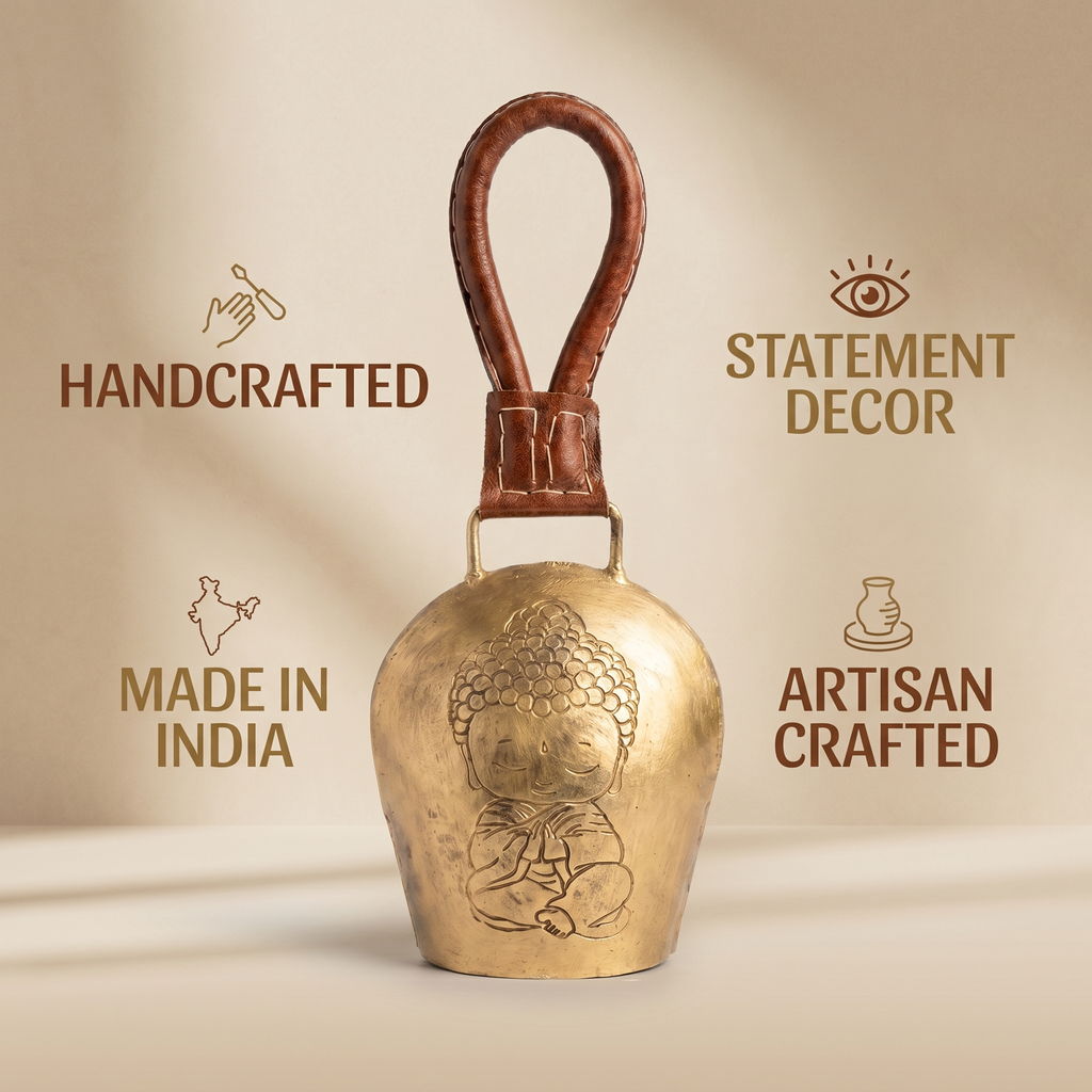 Cow Bell Brass Finish | Buddha motif | 11 inches