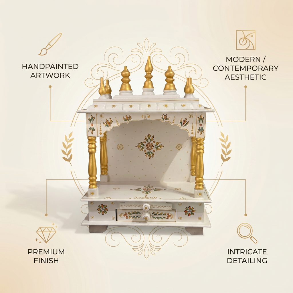 Wooden Mandir | White & Gold | 38x55x20 cm