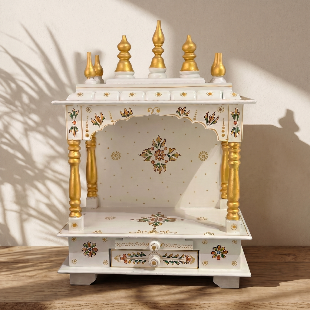 Wooden Mandir | White & Gold | 38x55x20 cm