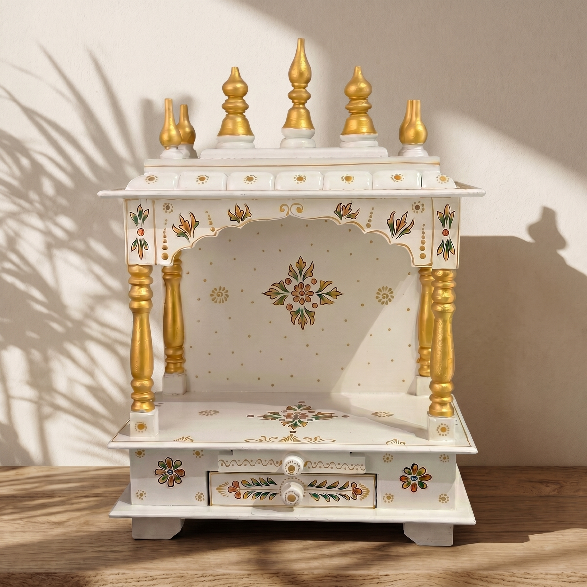 Wooden Mandir | White & Gold | 38x55x20 cm