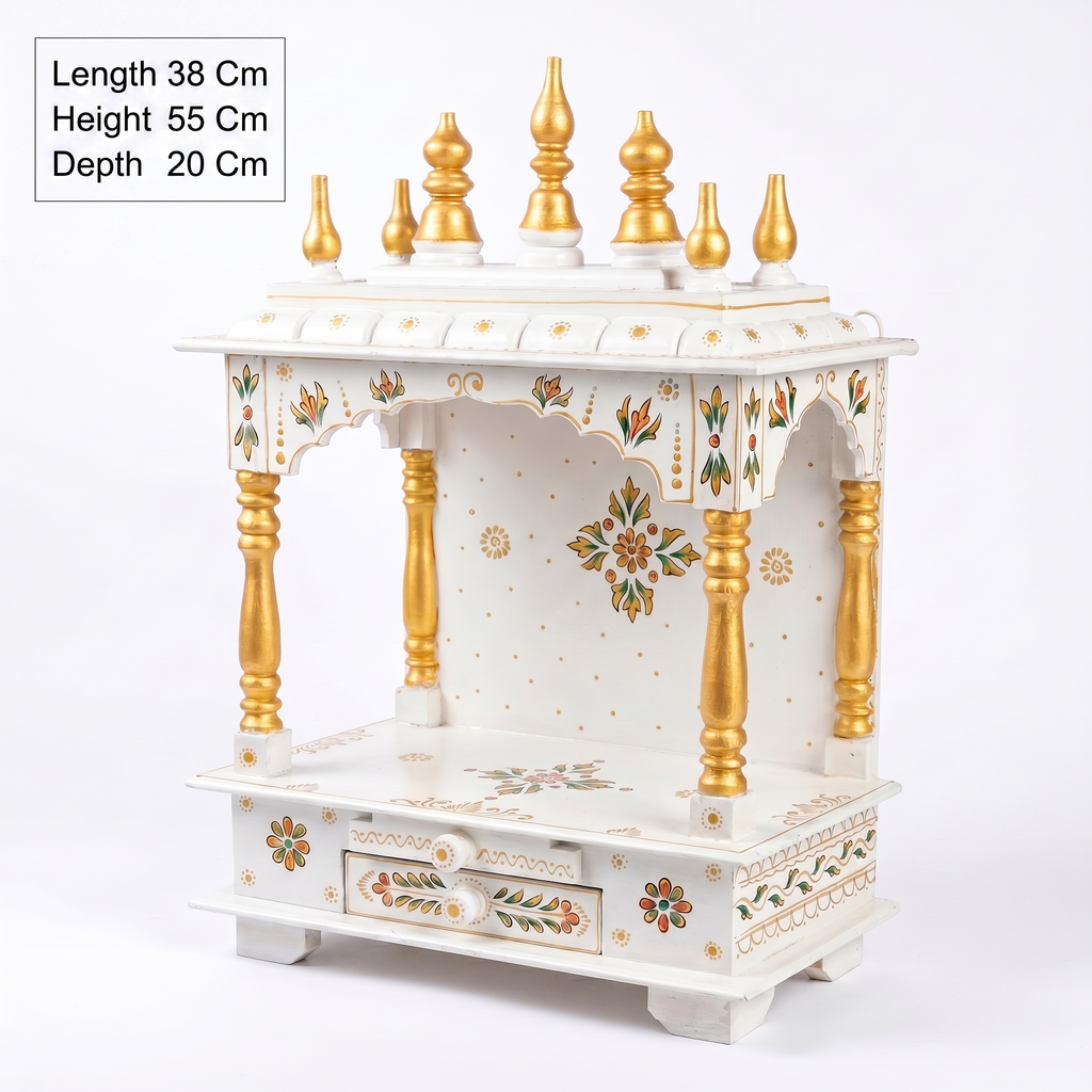 Wooden Mandir | White & Gold | 38x55x20 cm