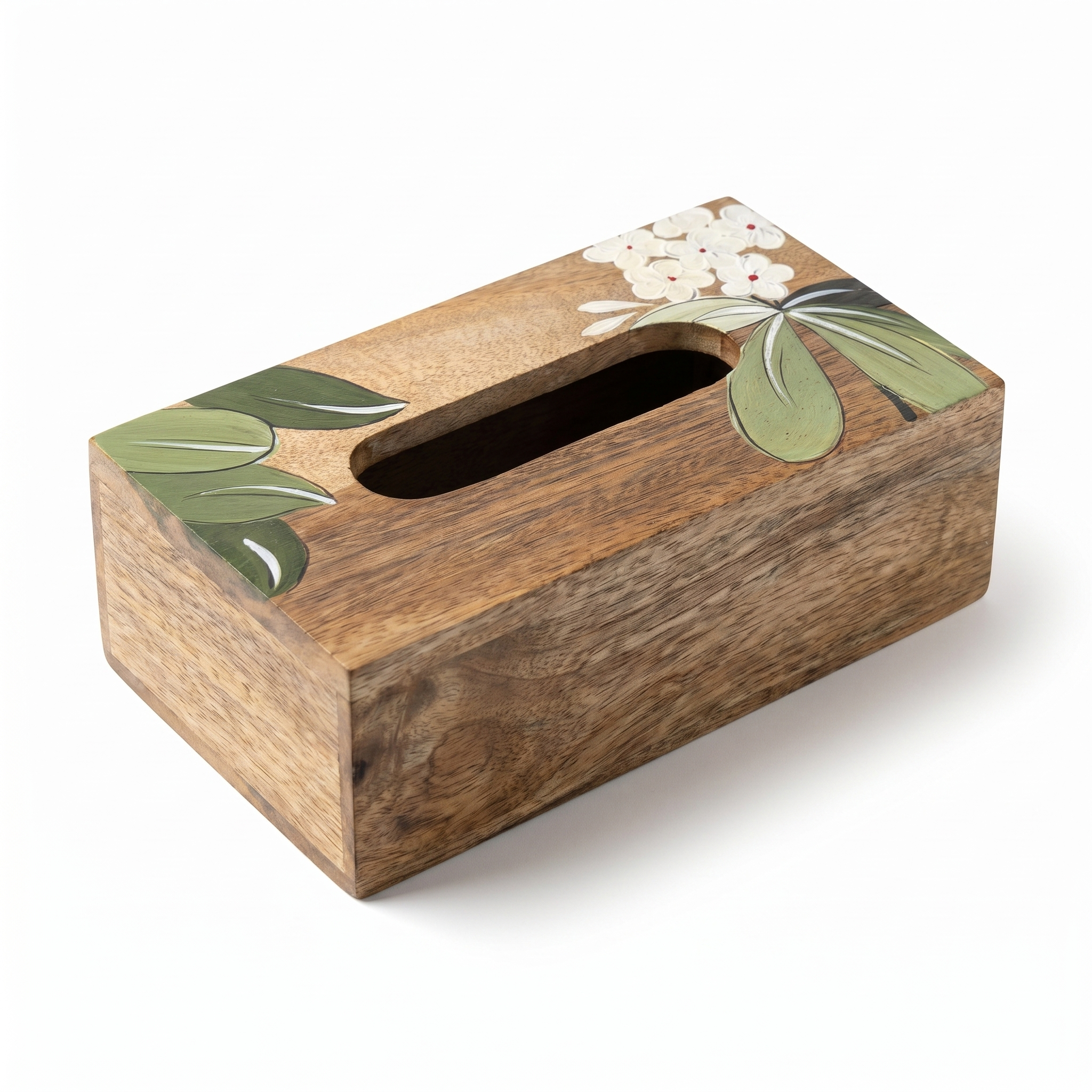 Handpainted Tissue Box | White Flower Motif | 23x13x8 cm
