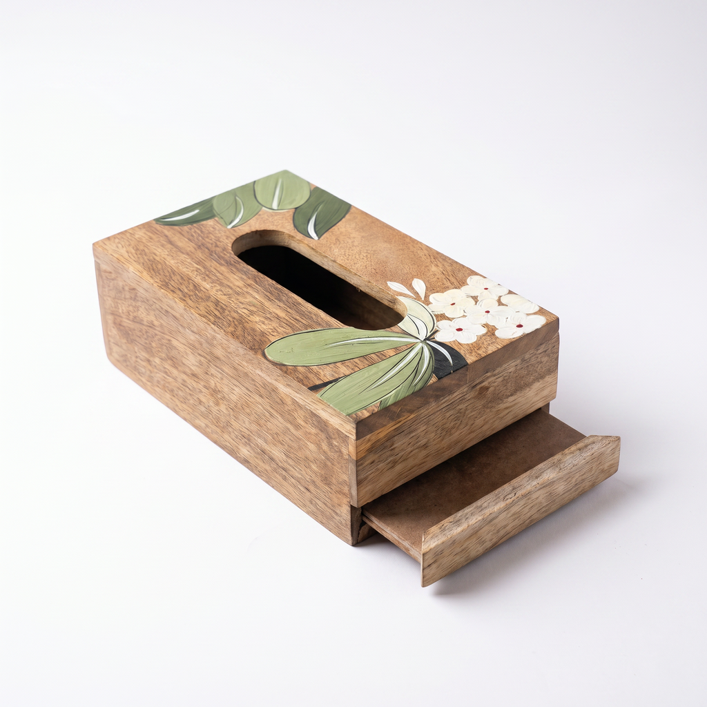Handpainted Tissue Box | White Flower Motif | 23x13x8 cm