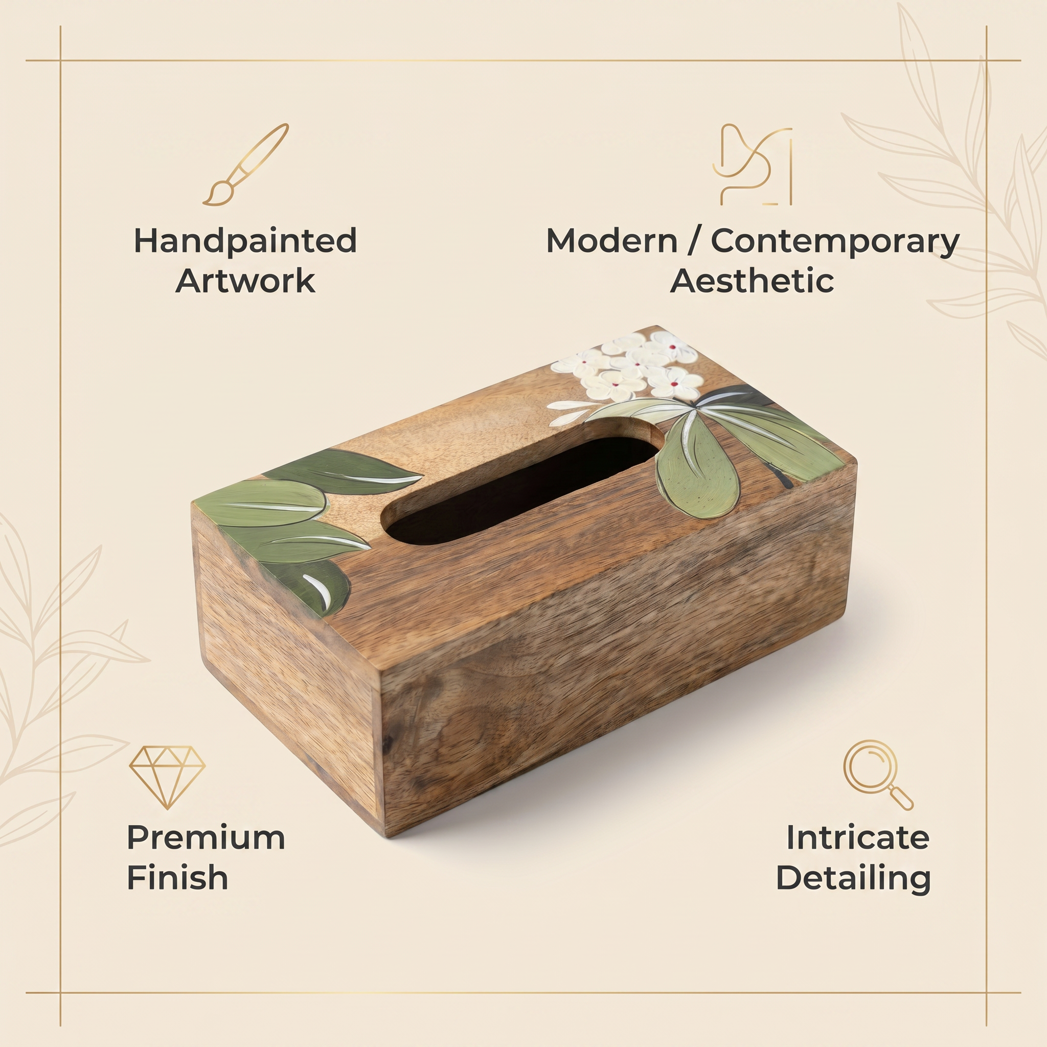 Handpainted Tissue Box | White Flower Motif | 23x13x8 cm