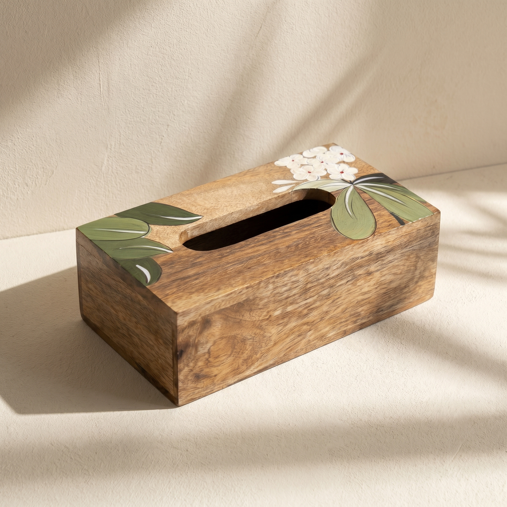 Handpainted Tissue Box | White Flower Motif | 23x13x8 cm