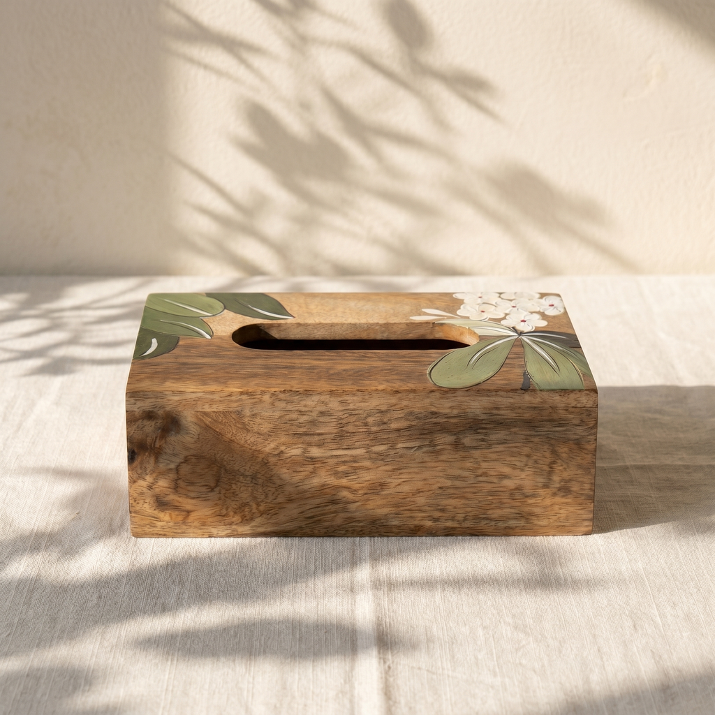 Handpainted Tissue Box | White Flower Motif | 23x13x8 cm