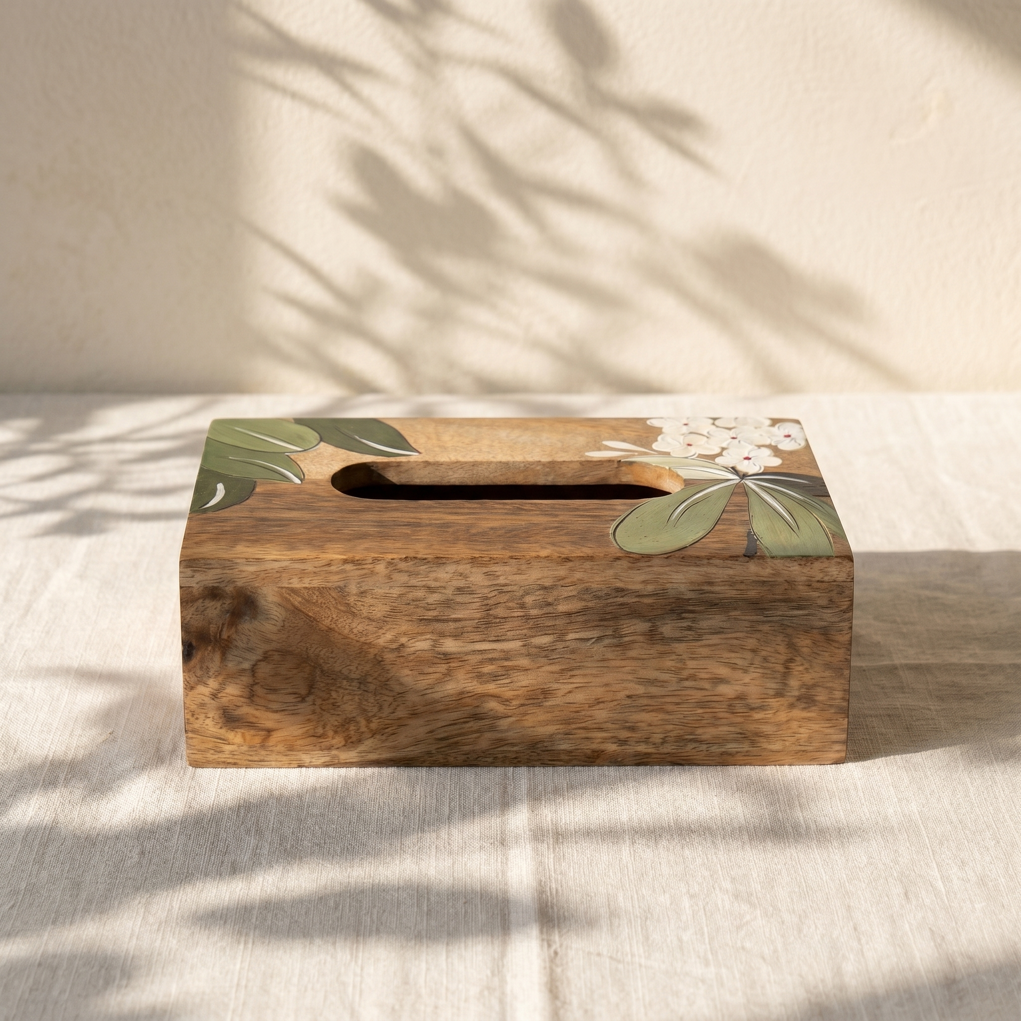 Handpainted Tissue Box | White Flower Motif | 23x13x8 cm