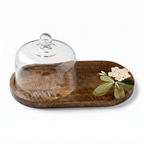 Wooden Dome Platter | Handpainted White Flower Motif | (Tray - 33x19x3 cm, Dome- 14cm height)