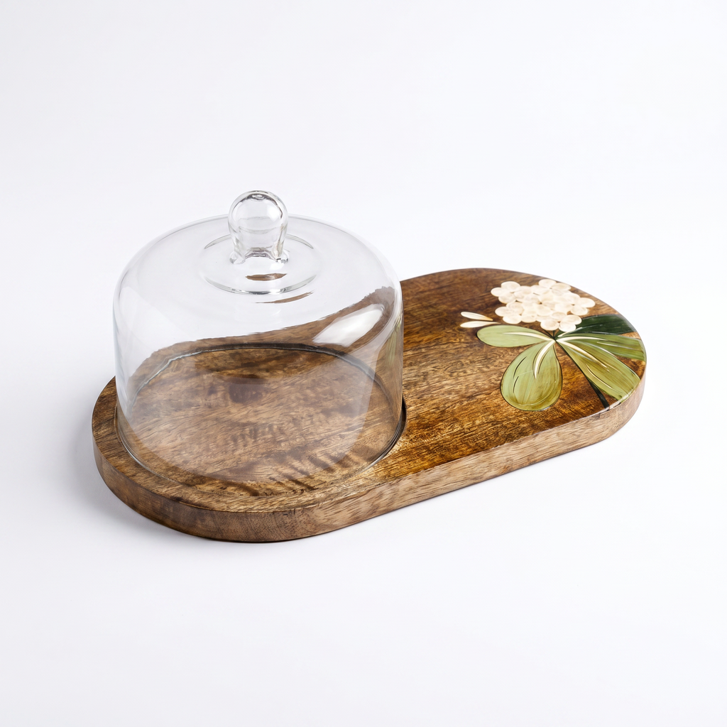 Wooden Dome Platter | Handpainted White Flower Motif | (Tray - 33x19x3 cm, Dome- 14cm height)