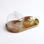 Wooden Dome Platter | Handpainted White Flower Motif | (Tray - 33x19x3 cm, Dome- 14cm height)