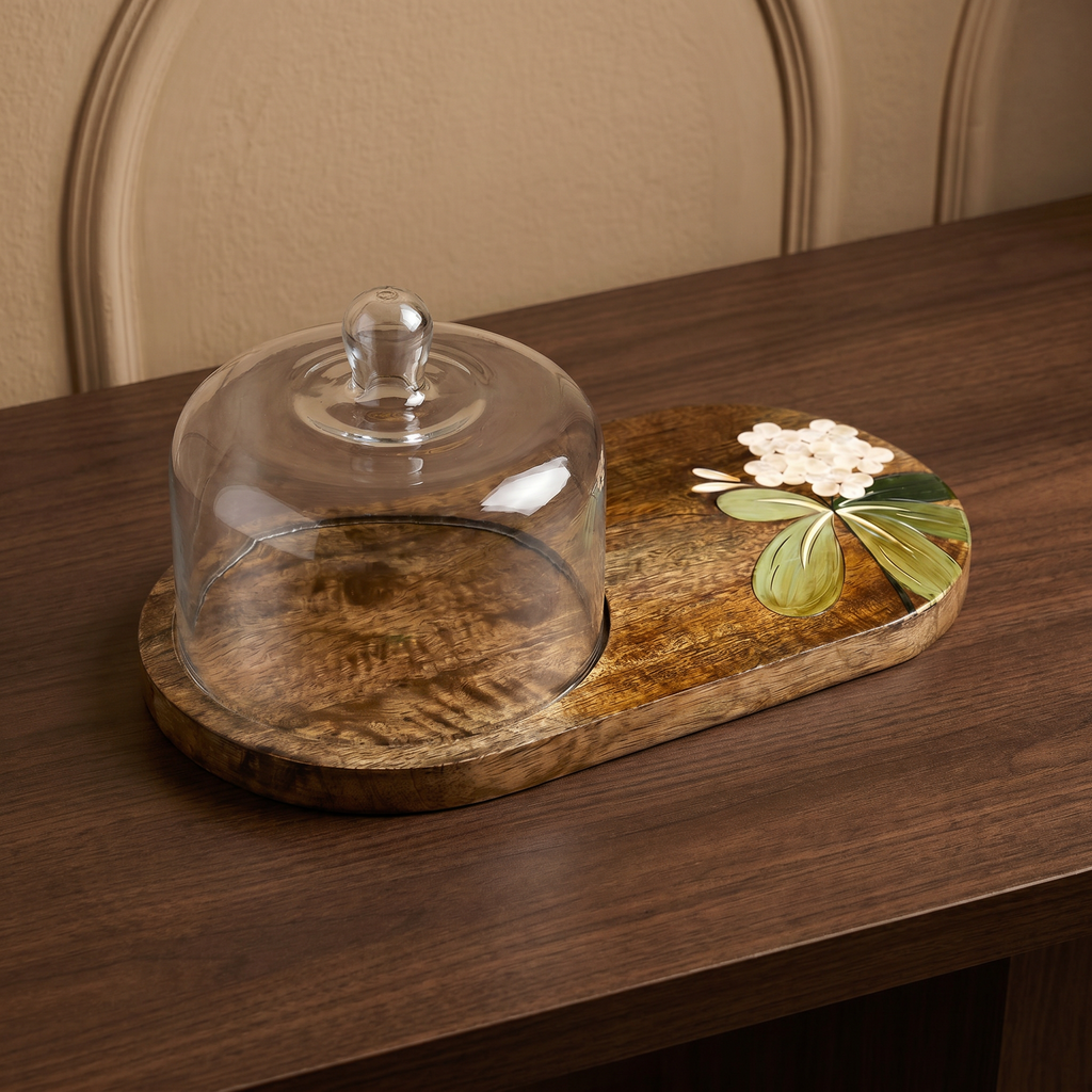 Wooden Dome Platter | Handpainted White Flower Motif | (Tray - 33x19x3 cm, Dome- 14cm height)