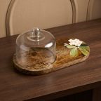 Wooden Dome Platter | Handpainted White Flower Motif | (Tray - 33x19x3 cm, Dome- 14cm height)