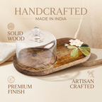 Wooden Dome Platter | Handpainted White Flower Motif | (Tray - 33x19x3 cm, Dome- 14cm height)