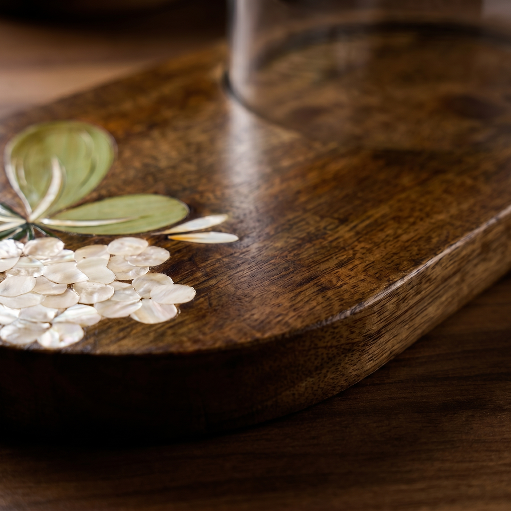 Wooden Dome Platter | Handpainted White Flower Motif | (Tray - 33x19x3 cm, Dome- 14cm height)
