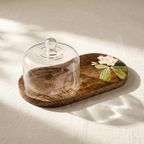 Wooden Dome Platter | Handpainted White Flower Motif | (Tray - 33x19x3 cm, Dome- 14cm height)