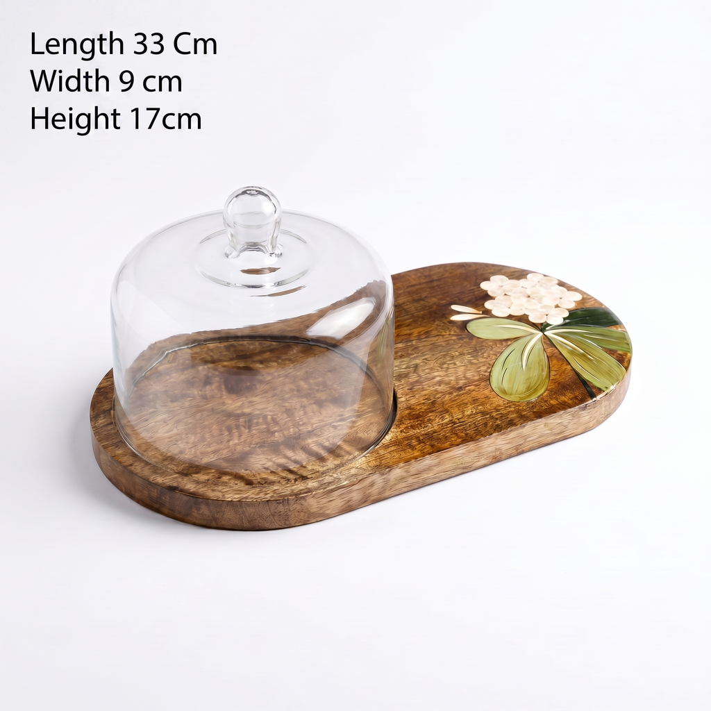 Wooden Dome Platter | Handpainted White Flower Motif | (Tray - 33x19x3 cm, Dome- 14cm height)