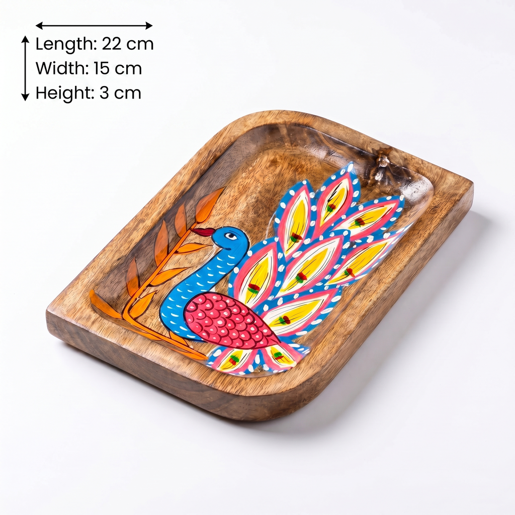 Peacock Handpainted Wooden Platter | Small | 22x15x3cm