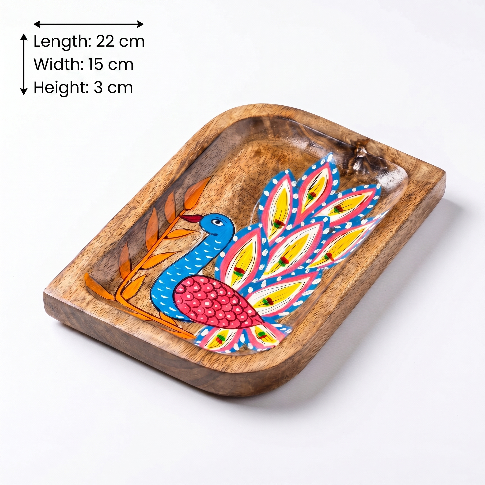 Peacock Handpainted Wooden Platter | Small | 22x15x3cm