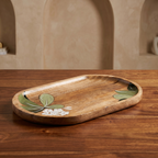 Wooden Platter Big | Handpainted White Flower Motif | 41x25x3 cm