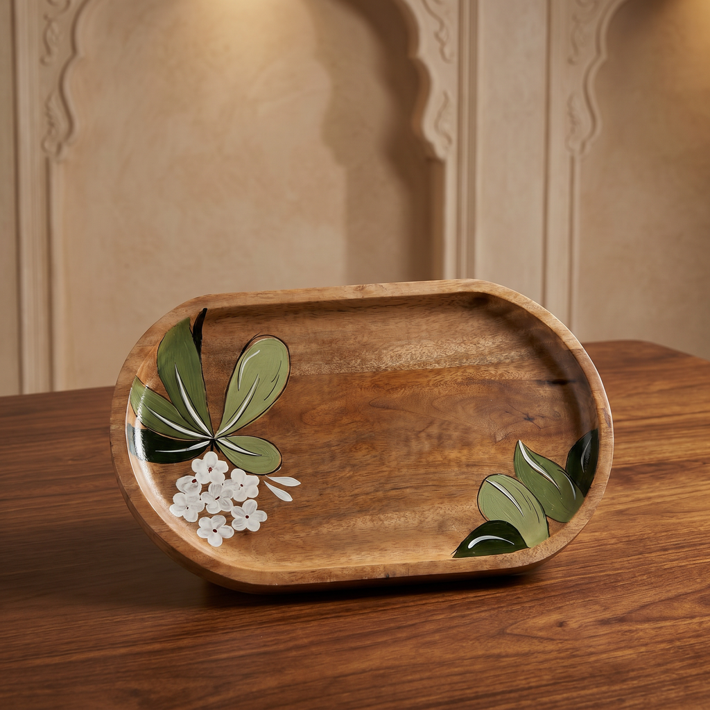Wooden Platter Big | Handpainted White Flower Motif | 41x25x3 cm