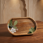 Wooden Platter Big | Handpainted White Flower Motif | 41x25x3 cm