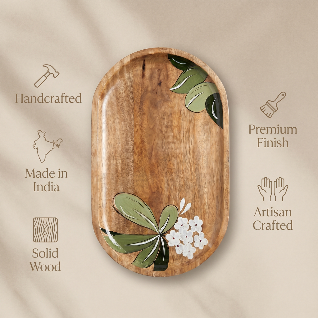 Wooden Platter Big | Handpainted White Flower Motif | 41x25x3 cm