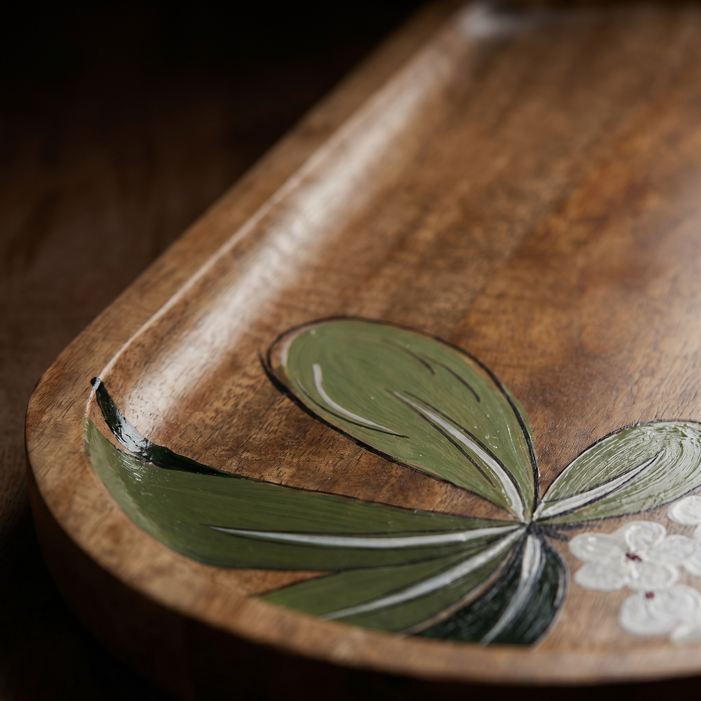 Wooden Platter Big | Handpainted White Flower Motif | 41x25x3 cm