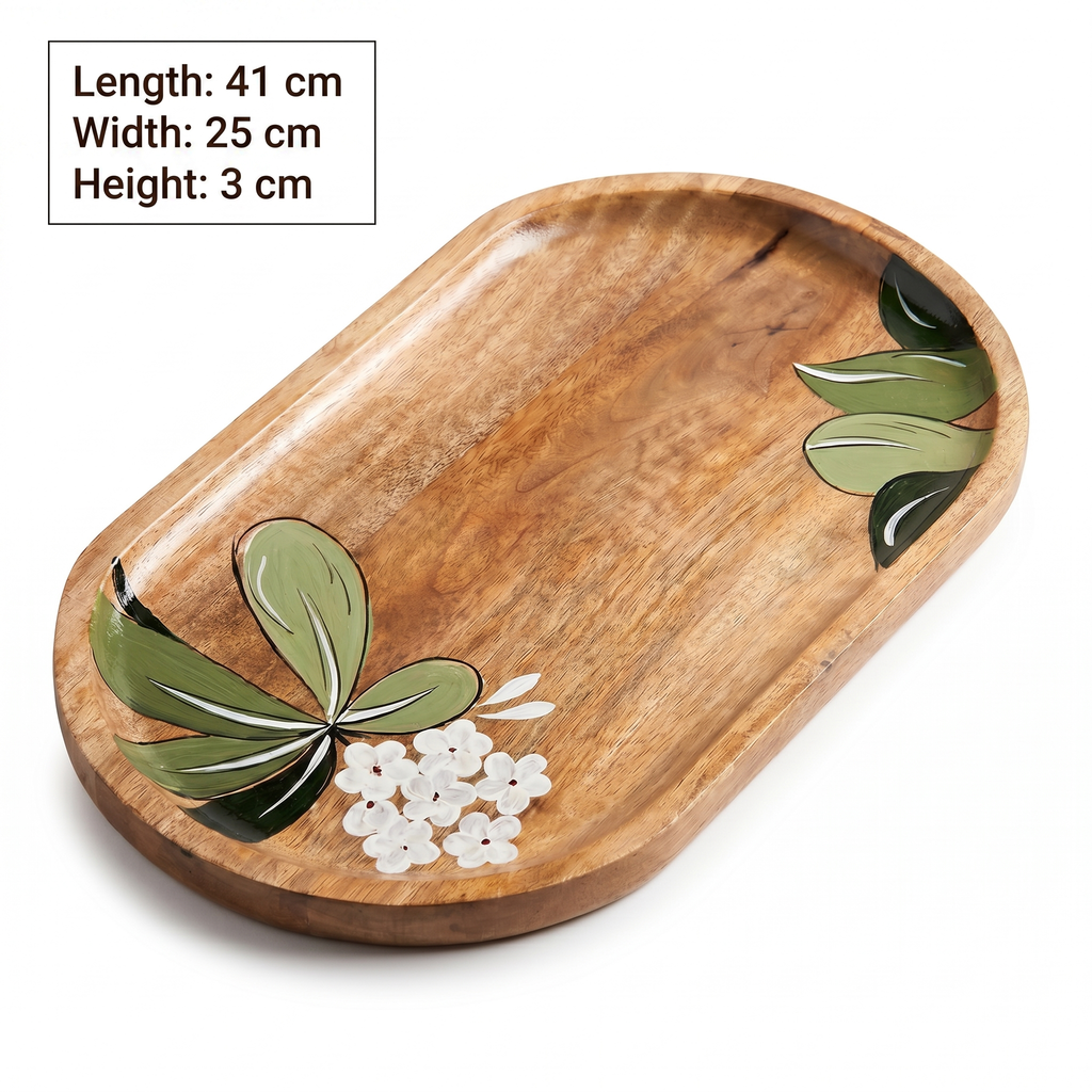 Wooden Platter Big | Handpainted White Flower Motif | 41x25x3 cm