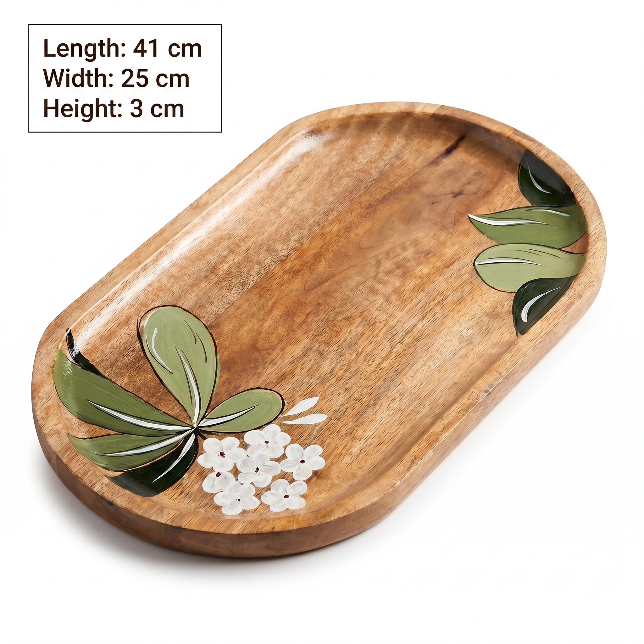 Wooden Platter Big | Handpainted White Flower Motif | 41x25x3 cm