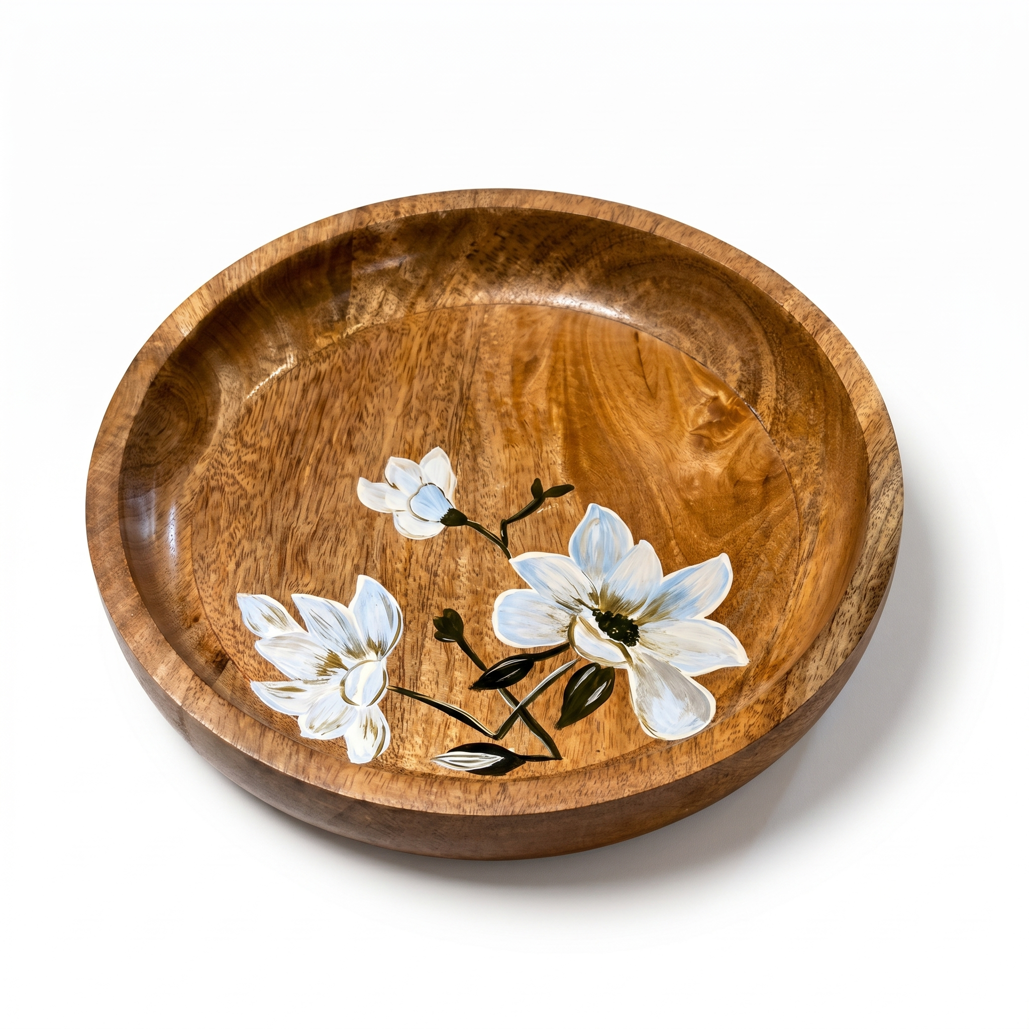 Wooden Bowl | White Flower Motifs | 28x28x6cm