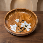Wooden Bowl | White Flower Motifs | 28x28x6cm