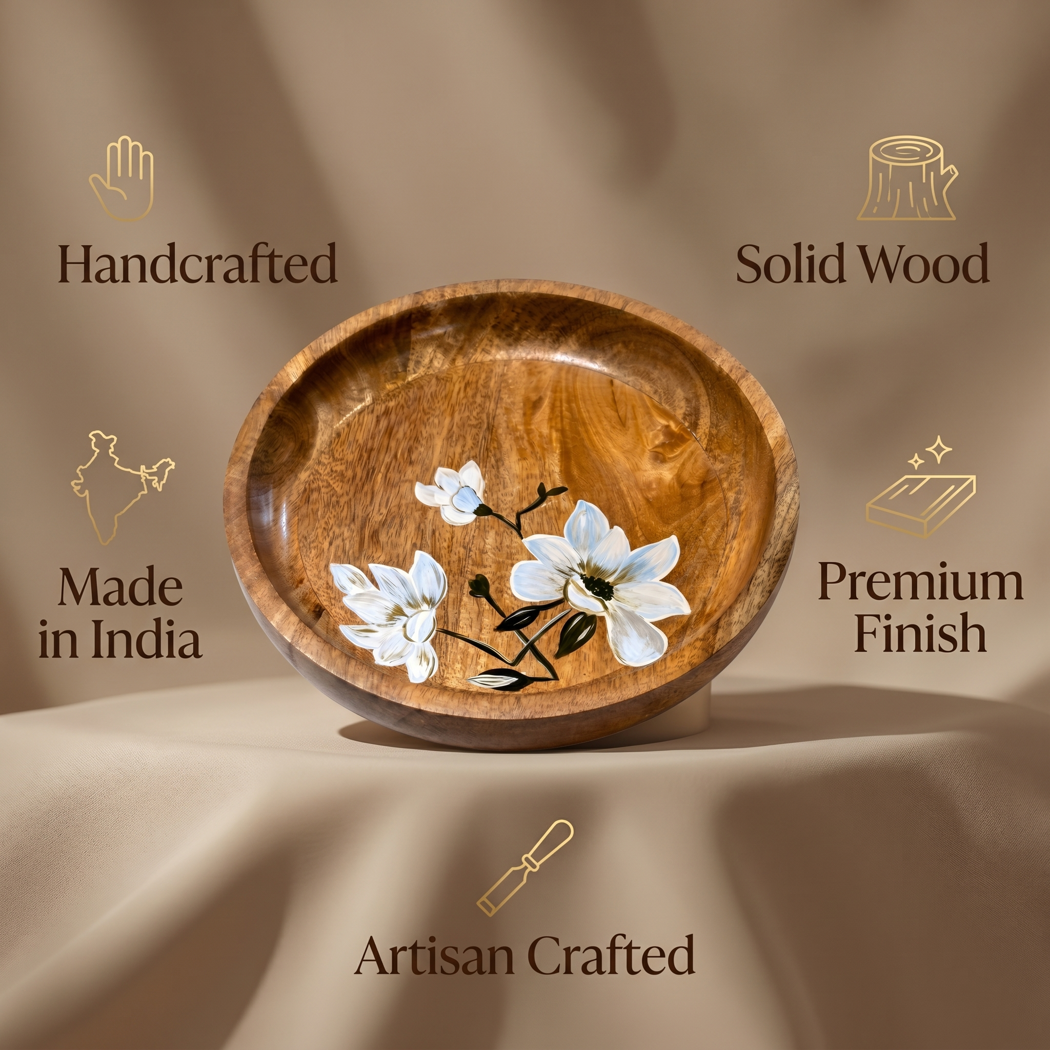 Wooden Bowl | White Flower Motifs | 28x28x6cm