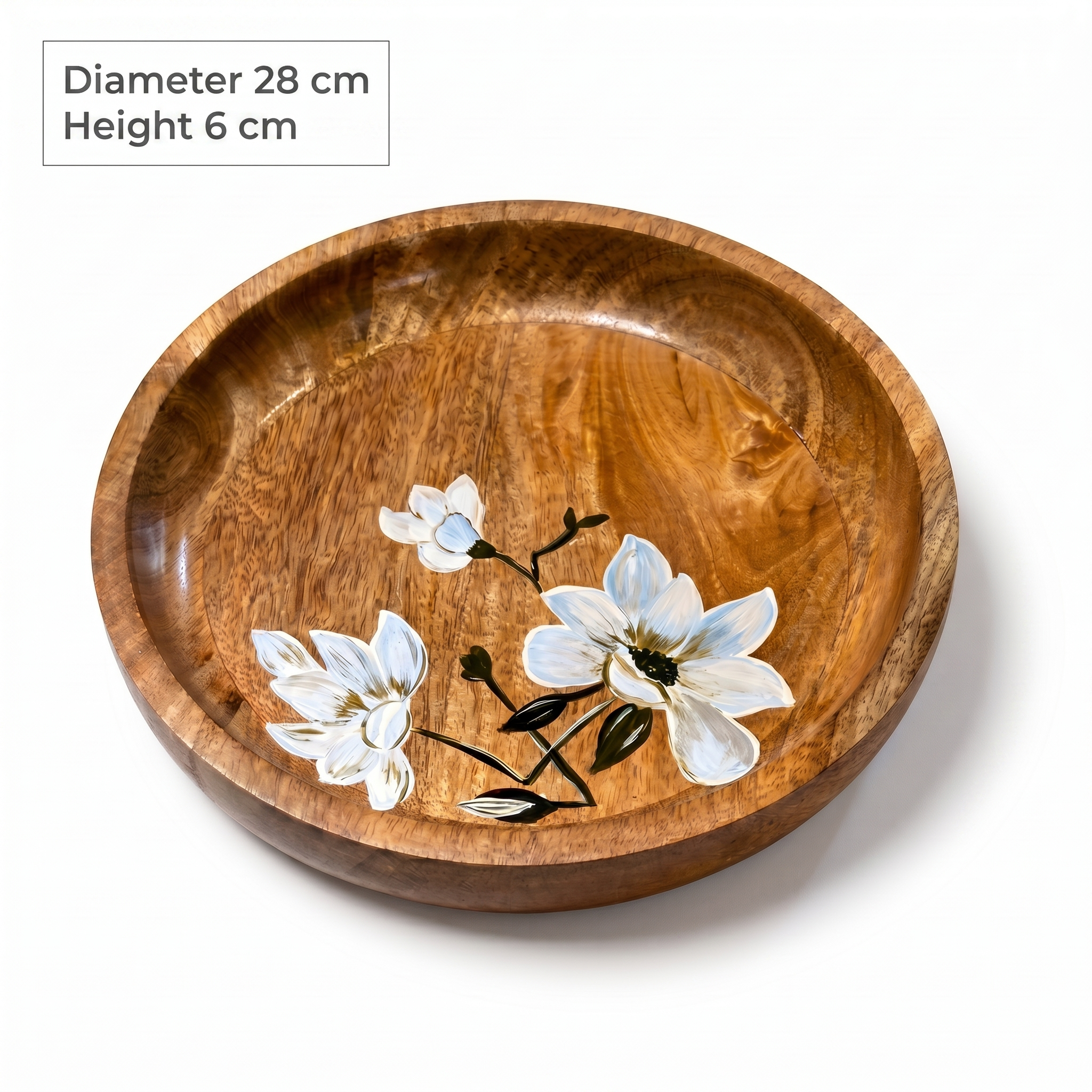 Wooden Bowl | White Flower Motifs | 28x28x6cm