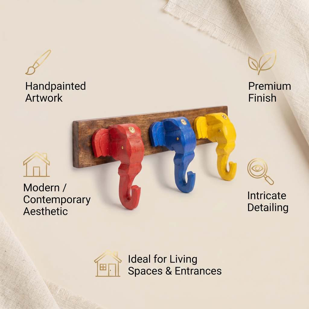 Wooden Elephant Keychain Holder | Brown Base | 7x17x3 Inch | Assorted Colours