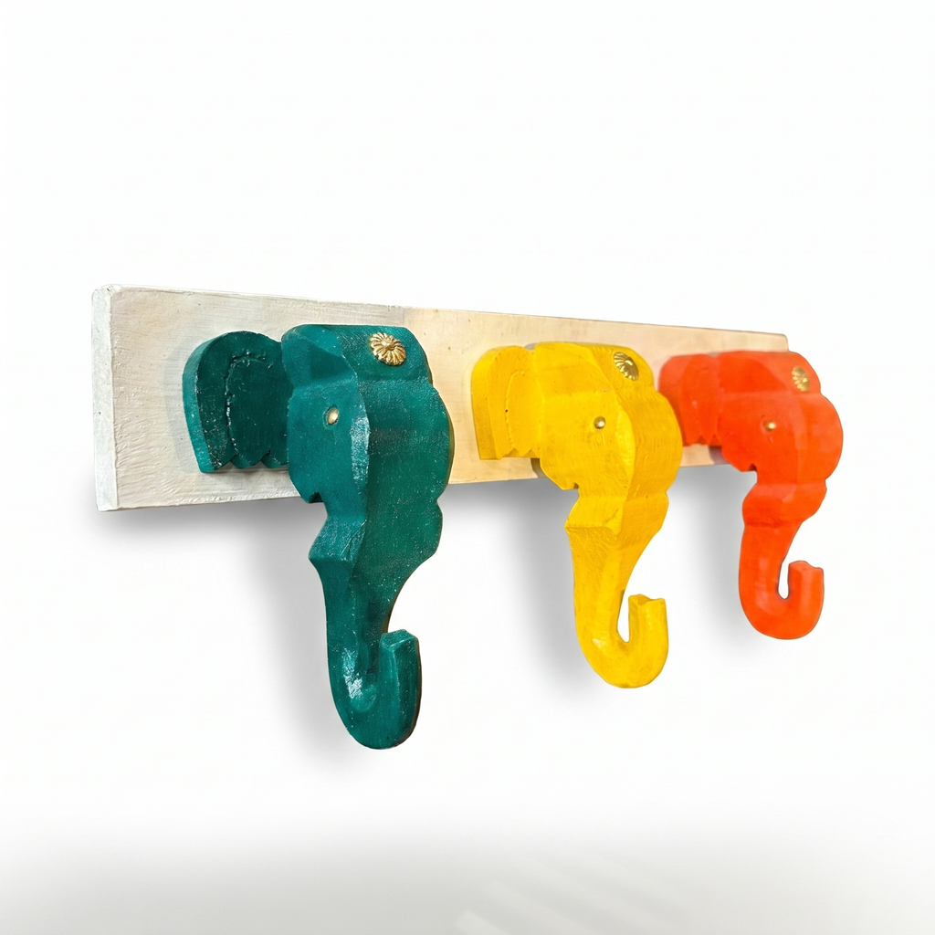 Wooden Elephant Keychain Holder | White Base | 7x17x3 Inch | Assorted Colours
