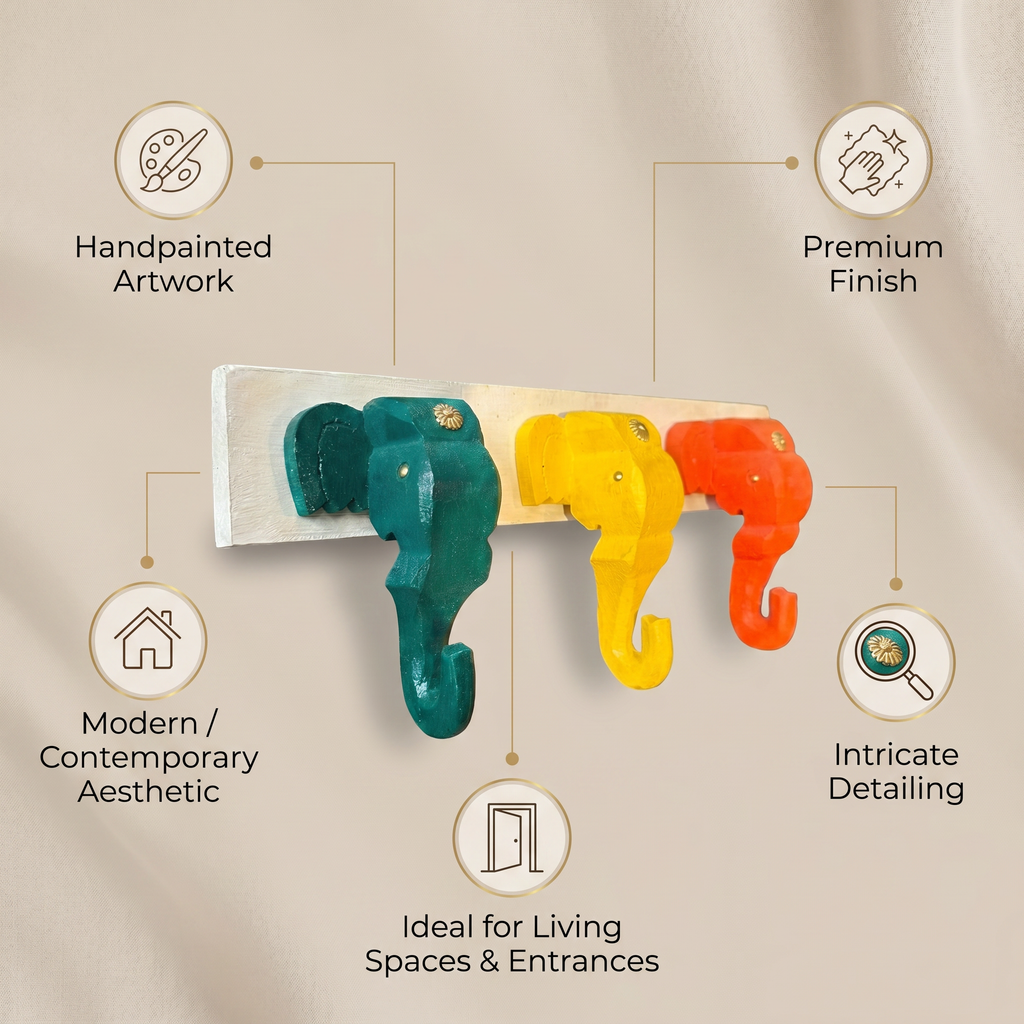 Wooden Elephant Keychain Holder | White Base | 7x17x3 Inch | Assorted Colours