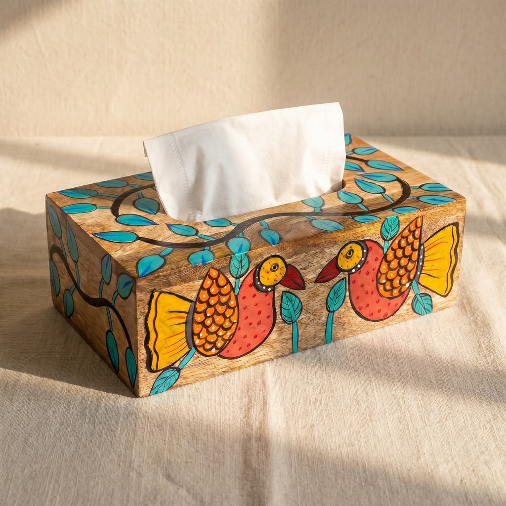 Handpainted Tissue Box | Bird Motif | 23x13x8 cm