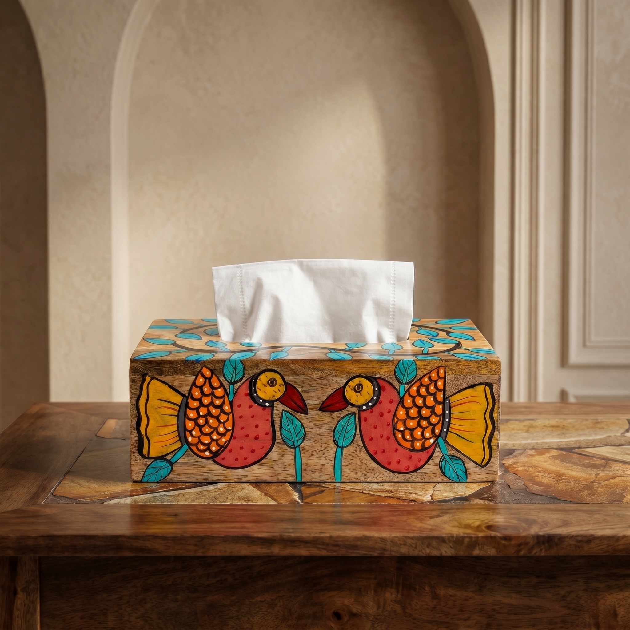 Handpainted Tissue Box | Bird Motif | 23x13x8 cm