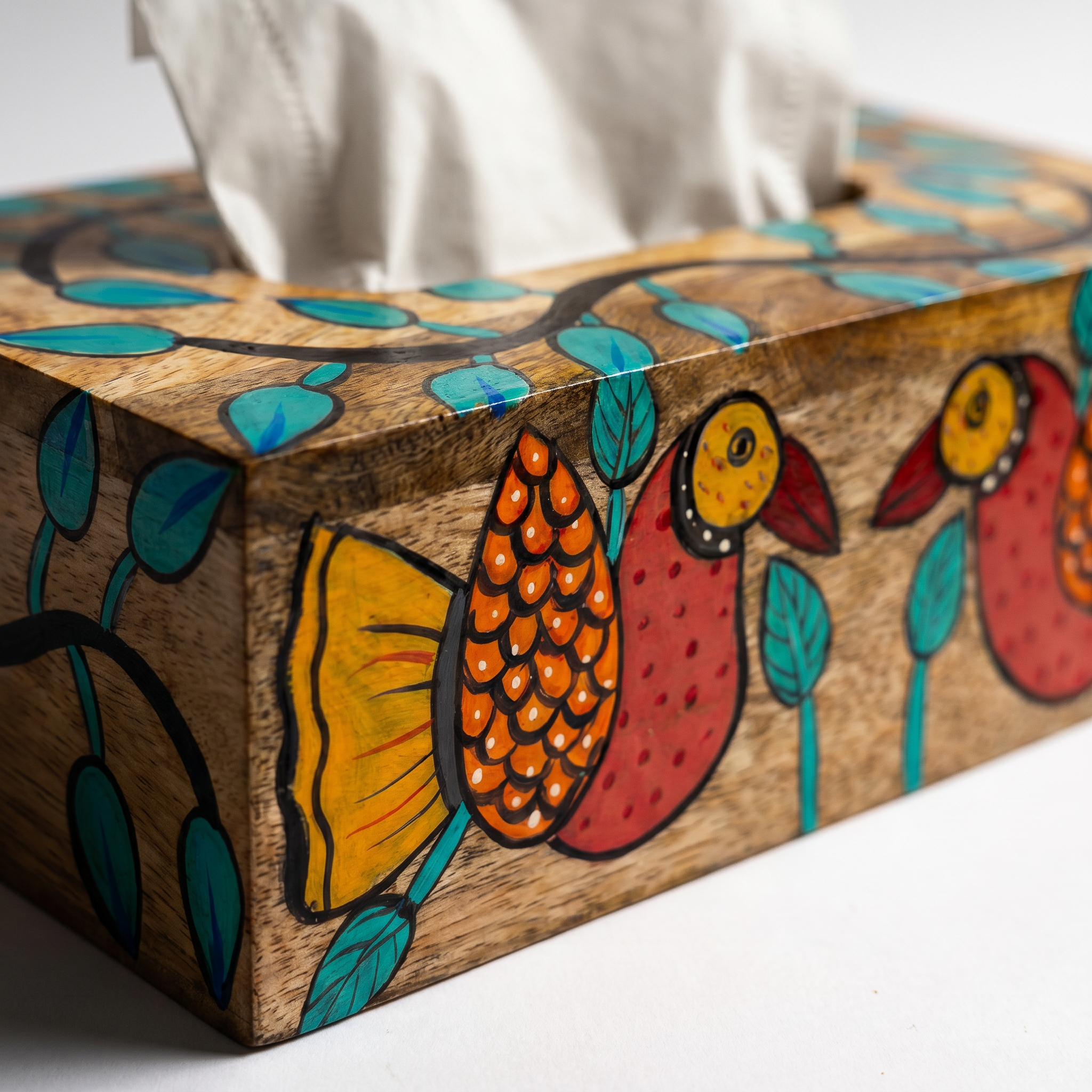 Handpainted Tissue Box | Bird Motif | 23x13x8 cm