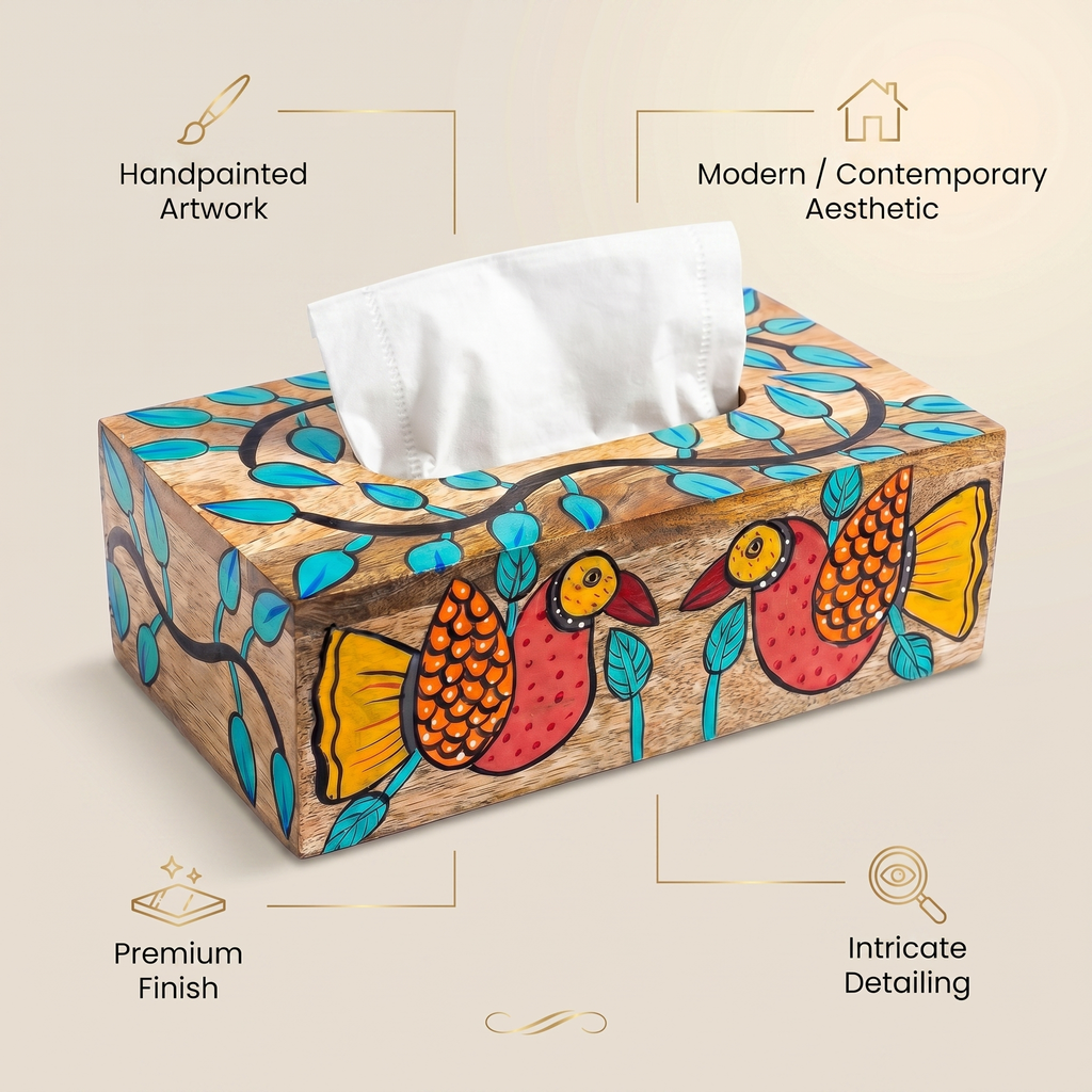 Handpainted Tissue Box | Bird Motif | 23x13x8 cm