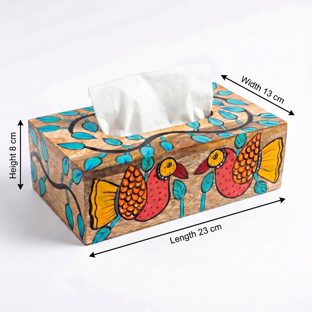 Handpainted Tissue Box | Bird Motif | 23x13x8 cm
