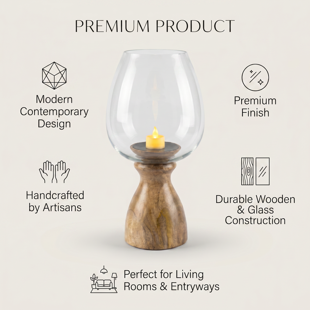 Hurricane Candle Stand | Wooden | Clear Glass 37x18x18cm