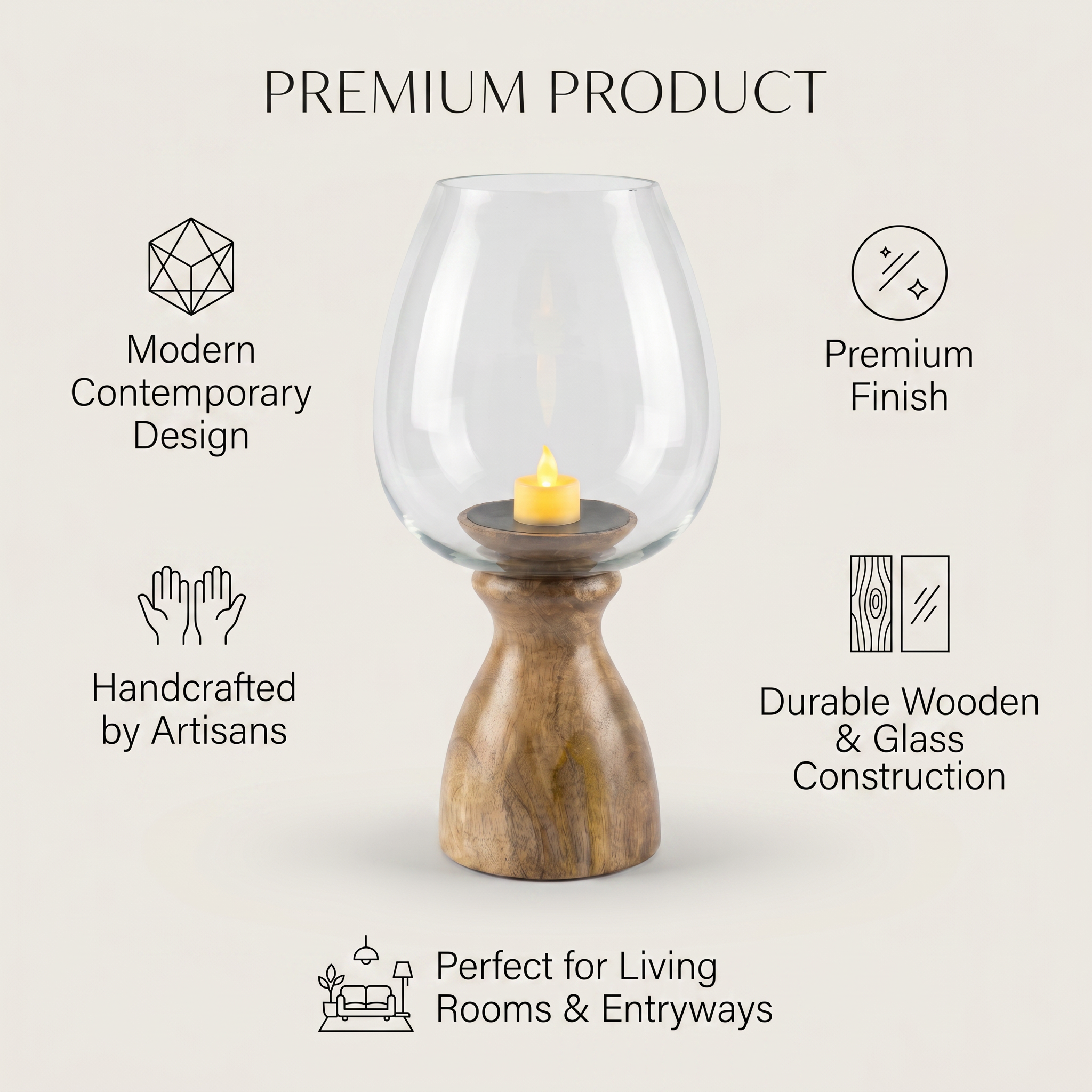 Hurricane Candle Stand | Wooden | Clear Glass 37x18x18cm