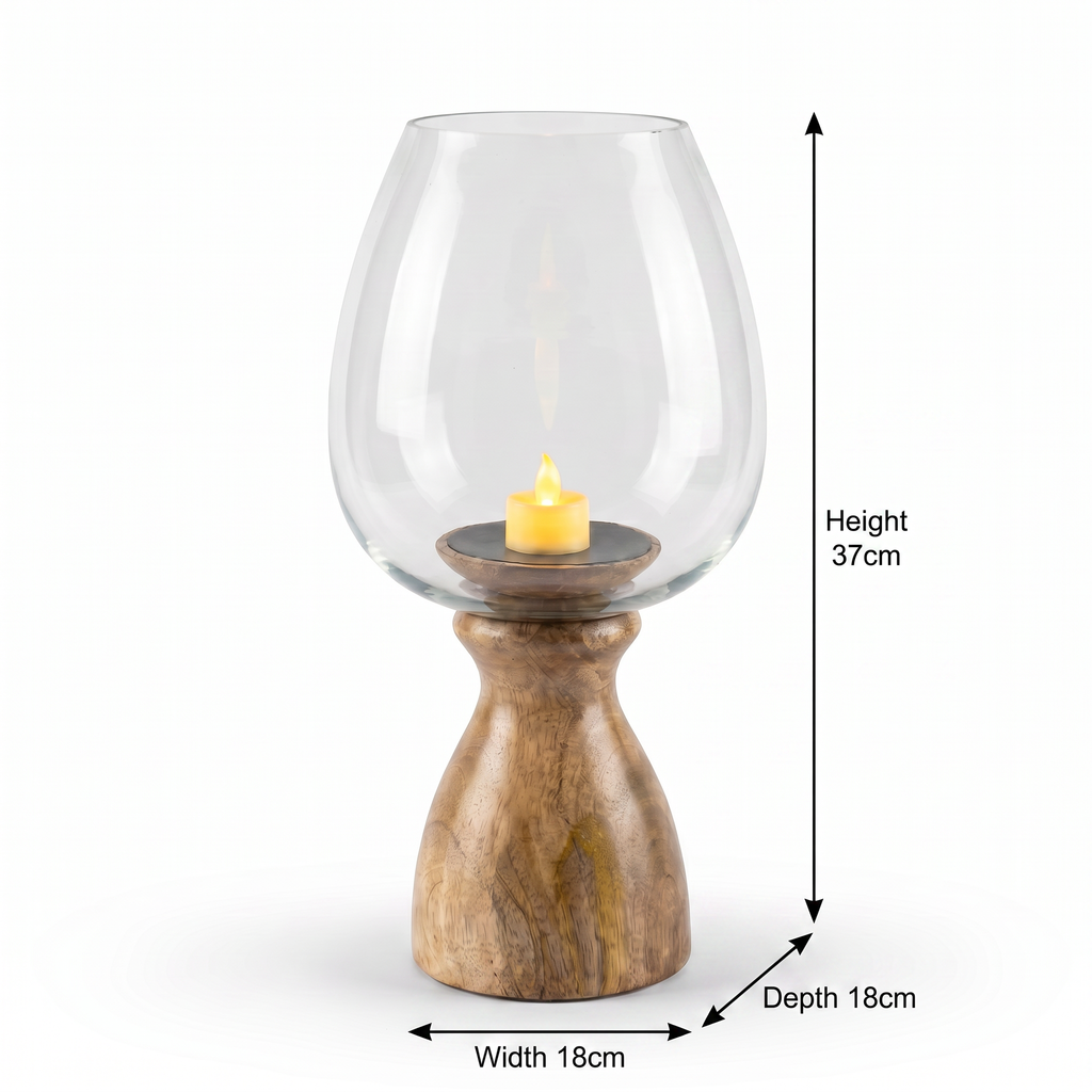 Hurricane Candle Stand | Wooden | Clear Glass 37x18x18cm