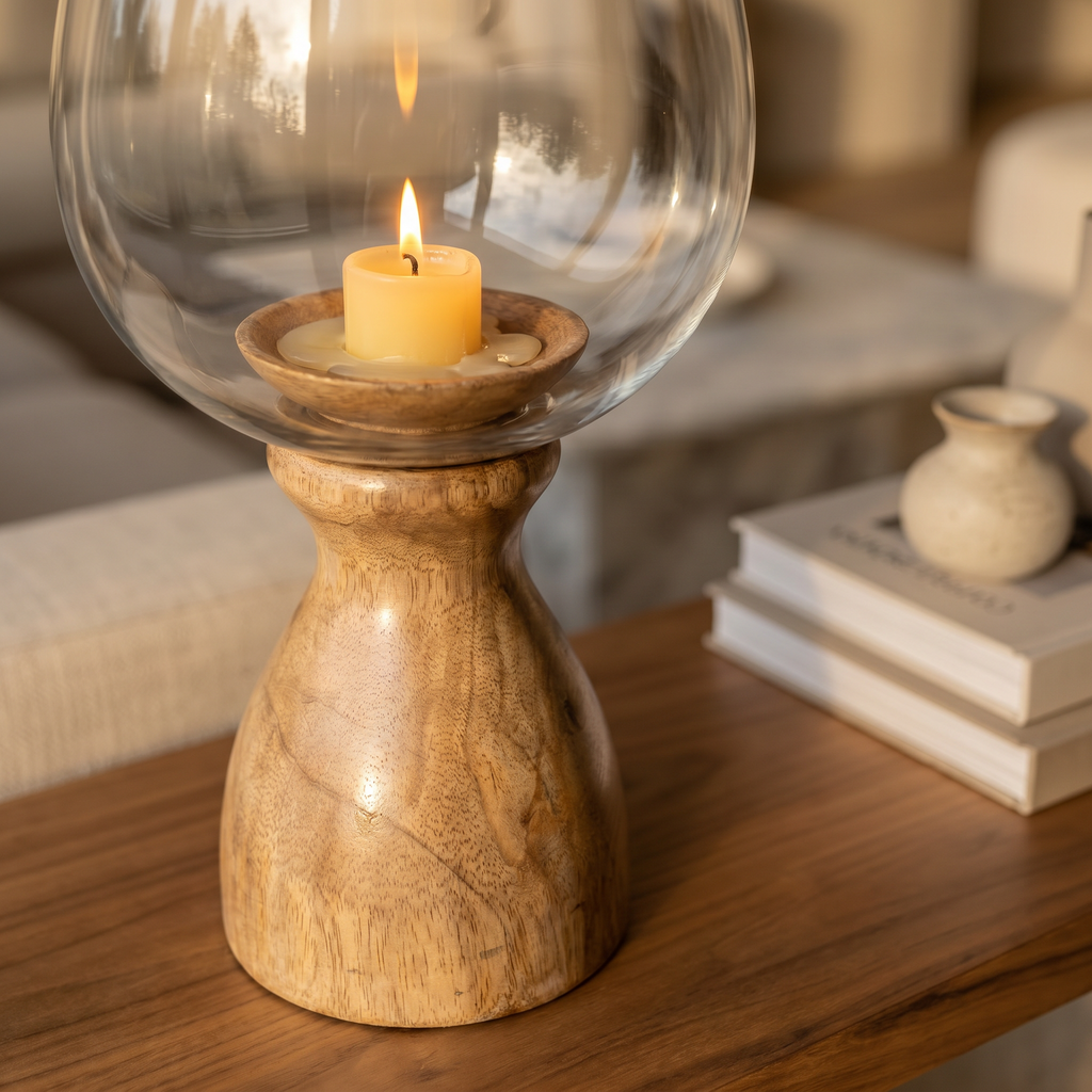 Hurricane Candle Stand | Wooden | Clear Glass 37x18x18cm
