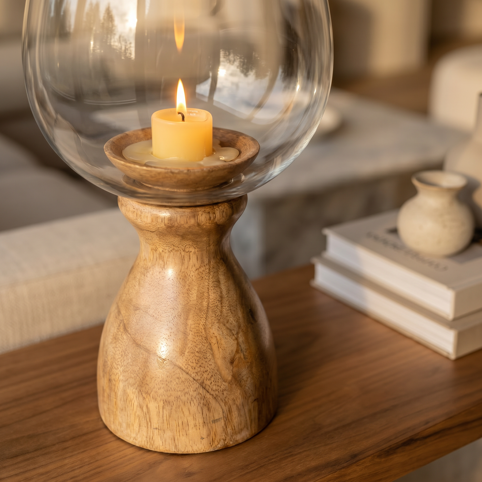 Hurricane Candle Stand | Wooden | Clear Glass 37x18x18cm